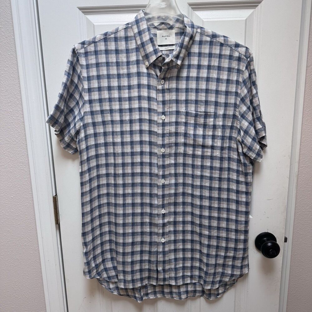 Billy Reid Standard Italian Linen Plaid Button Up Short Sleeve Shirt Men Medium